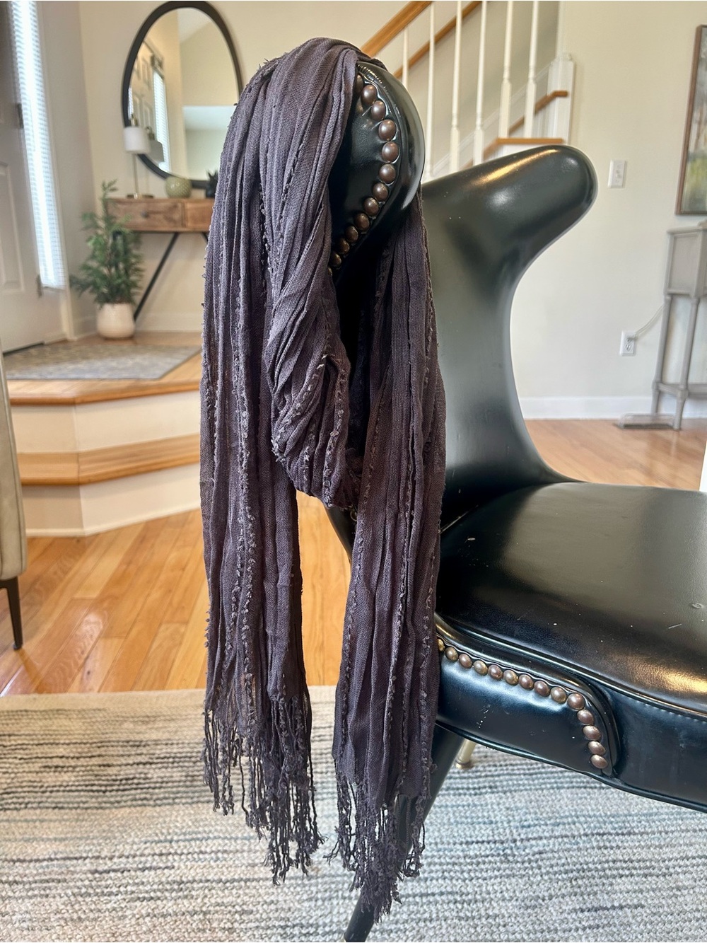 Charcoal Gray Crinkle Gauze Fringe Scarf Lightweight Shacker Textured Wrap 22x74